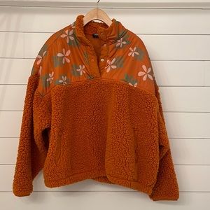 PacSun Orange Groovy Floral Half Snap Sherpa Fleece Sweatshirt Large